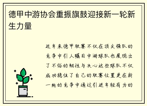 德甲中游协会重振旗鼓迎接新一轮新生力量